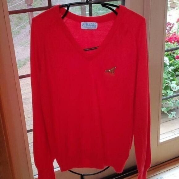 Pickering Vintage Embroidered "Eagle Ridge" Red Wool V-neck LS Sz L Sweater - Picture 2 of 9
